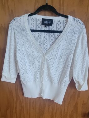 Collectif Cream Openwork V-Neck Button Cardigan